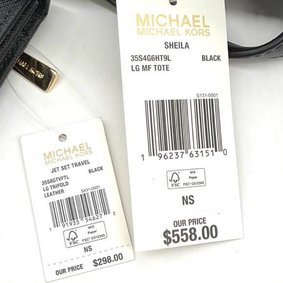 Michael Kors Bag Large Sheila Mf Tote Bag & Large Trifold Wallet Black/Gold - Picture 14 of 14